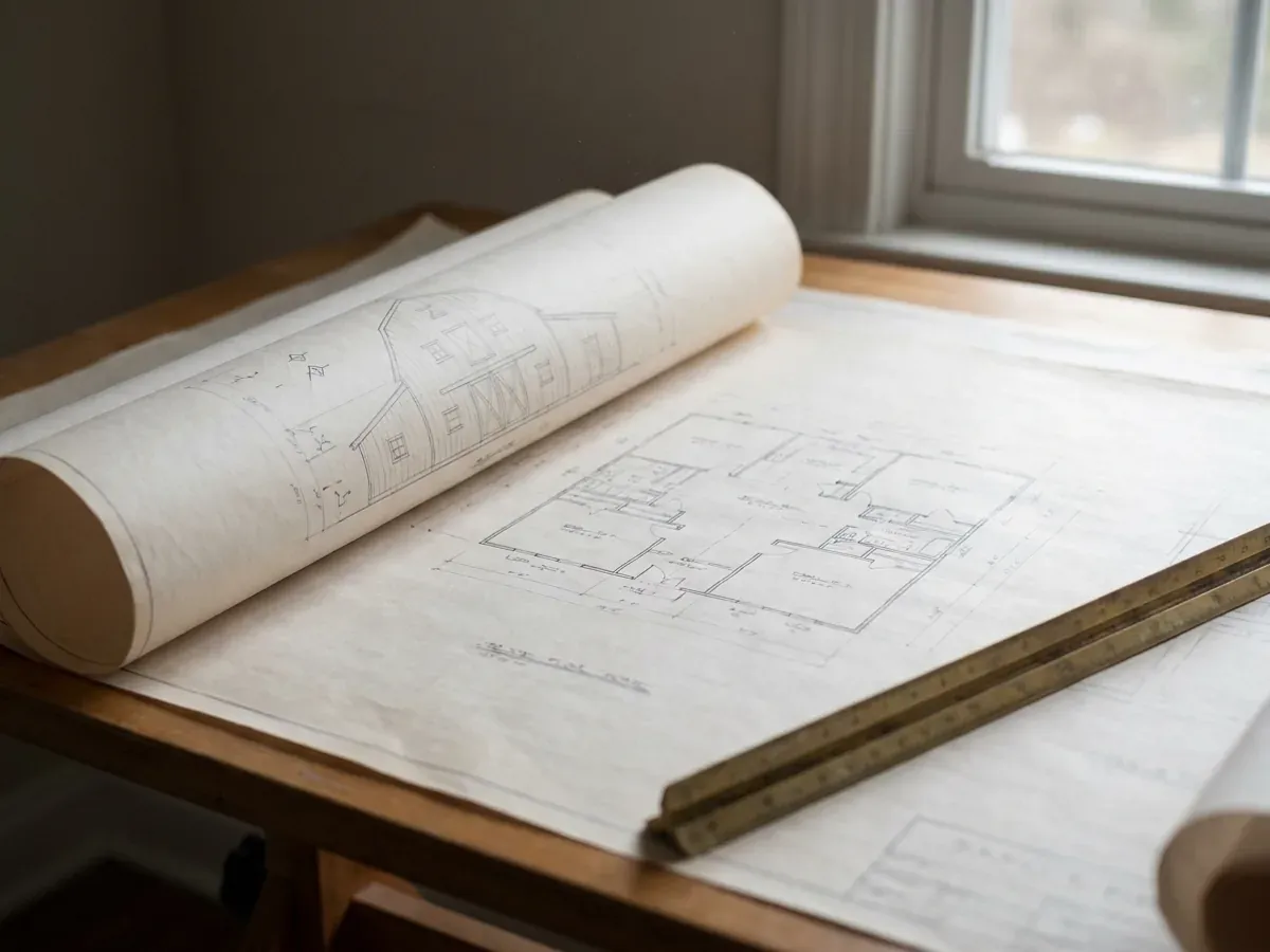 Barndominium floor plan and elevation drawings laid out on a drafting table with a scale rule.