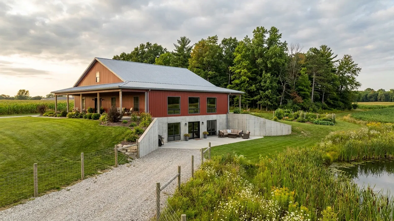 A barndominium with a walkout basement built into a sloping lot, the lower level opening onto a patio at grade above a small lake.