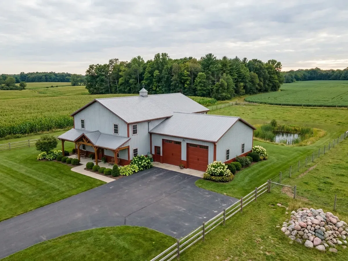 A completed barndominium home viewed from the front corner, with finished landscaping, a covered entry porch and an attached shop bay.