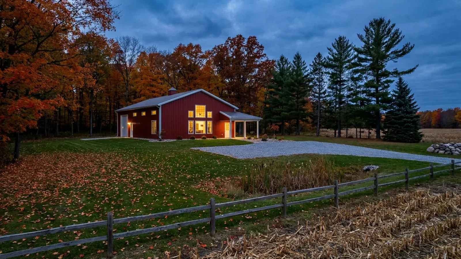 A finished barn-red barndominium at dusk with warm interior lighting glowing through its large windows and autumn maples behind.