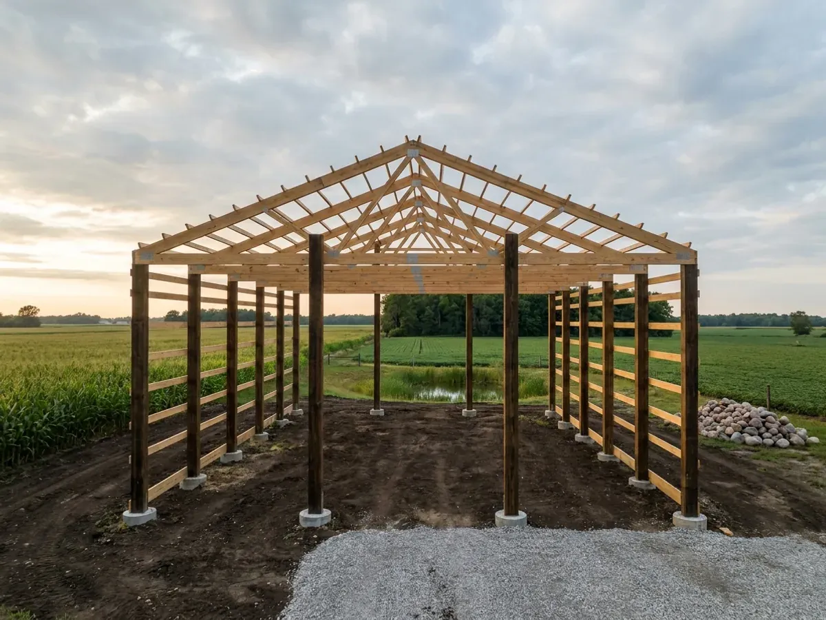 A pole barn home under construction, showing laminated wood columns, wall girts and wide-span roof trusses with no interior bearing walls.