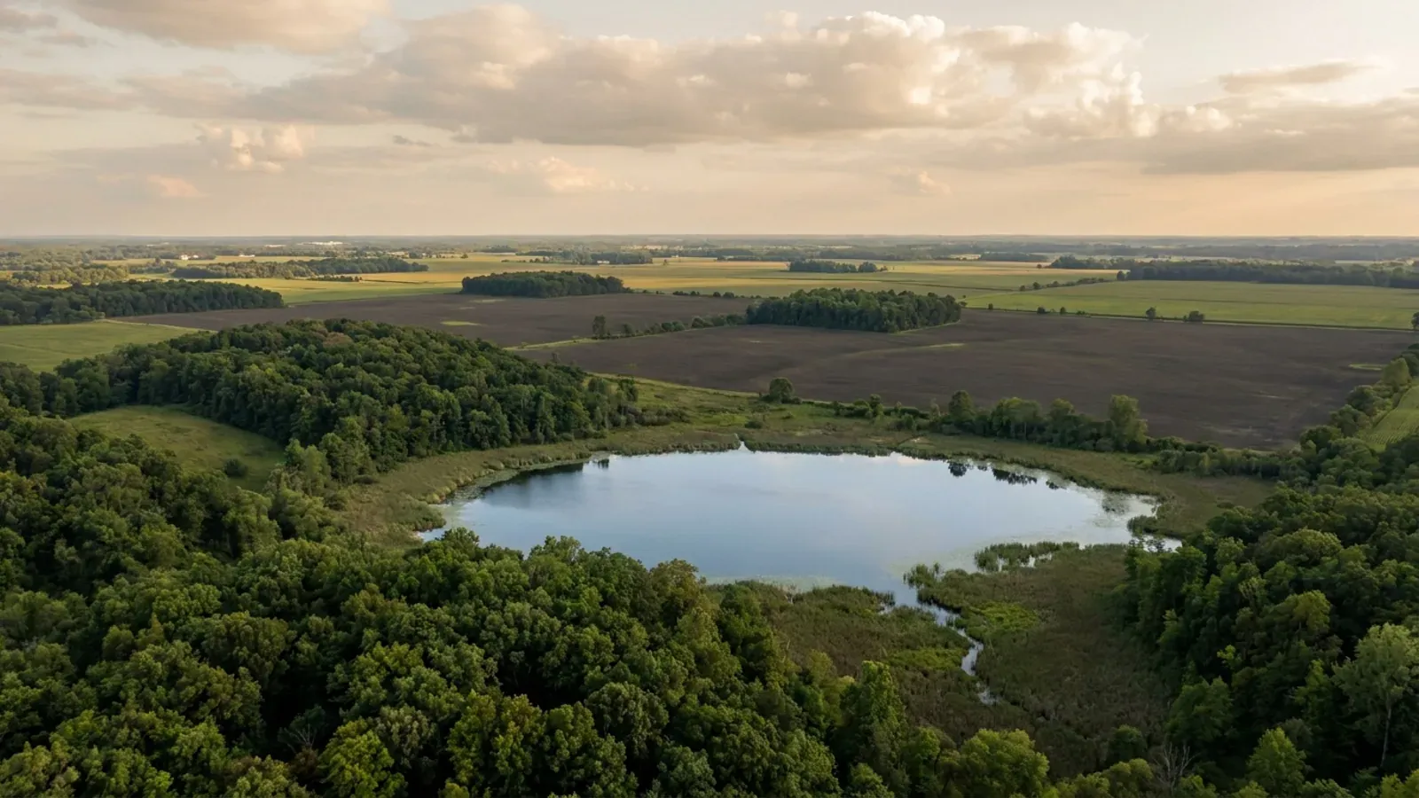 Wooded oak hills around a clear kettle lake giving way to broad flat cropland and square woodlots in south-central Michigan.