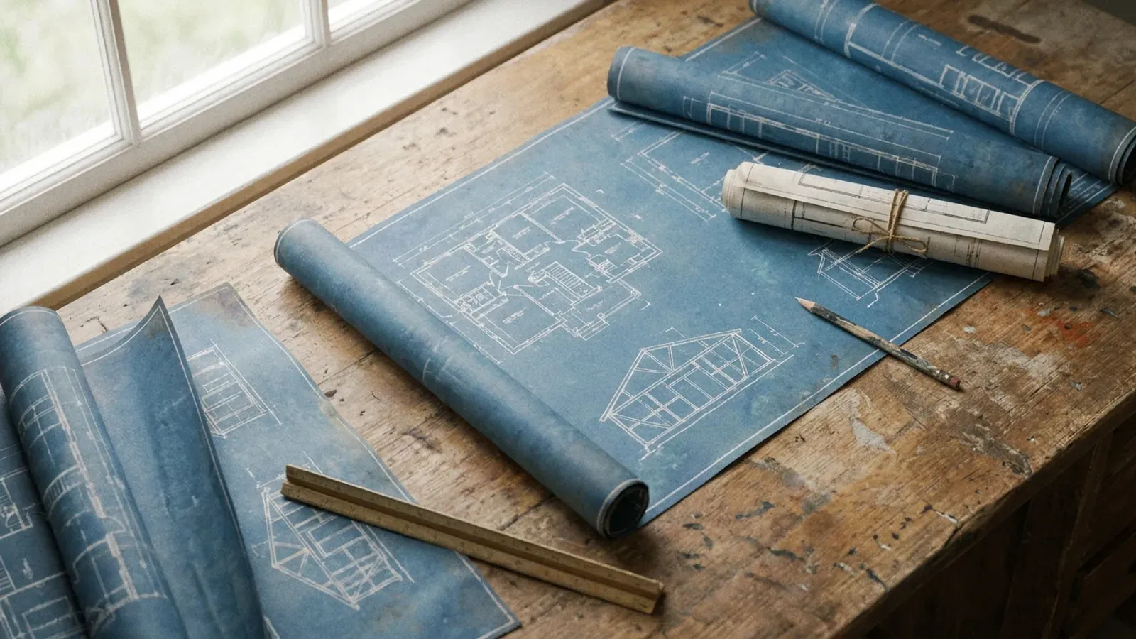 Overhead view of architectural floor plan and structural elevation drawings spread on a workbench with a scale ruler and pencil.