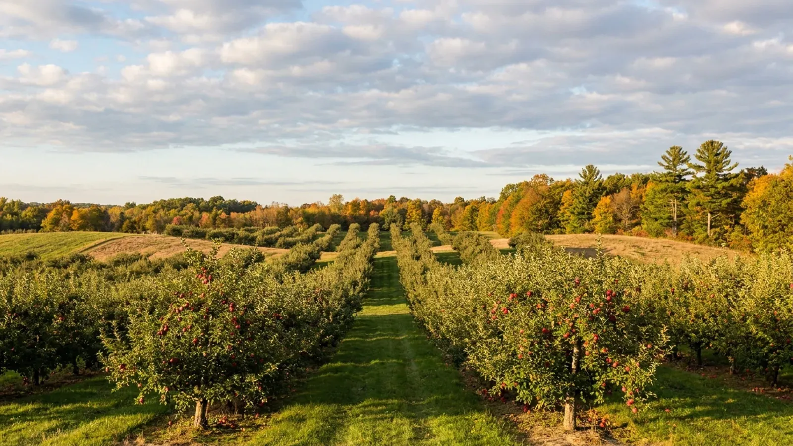 Rolling West Michigan apple orchards heavy with red fruit, with maple and beech woodlots in early autumn colour on the ridge beyond.